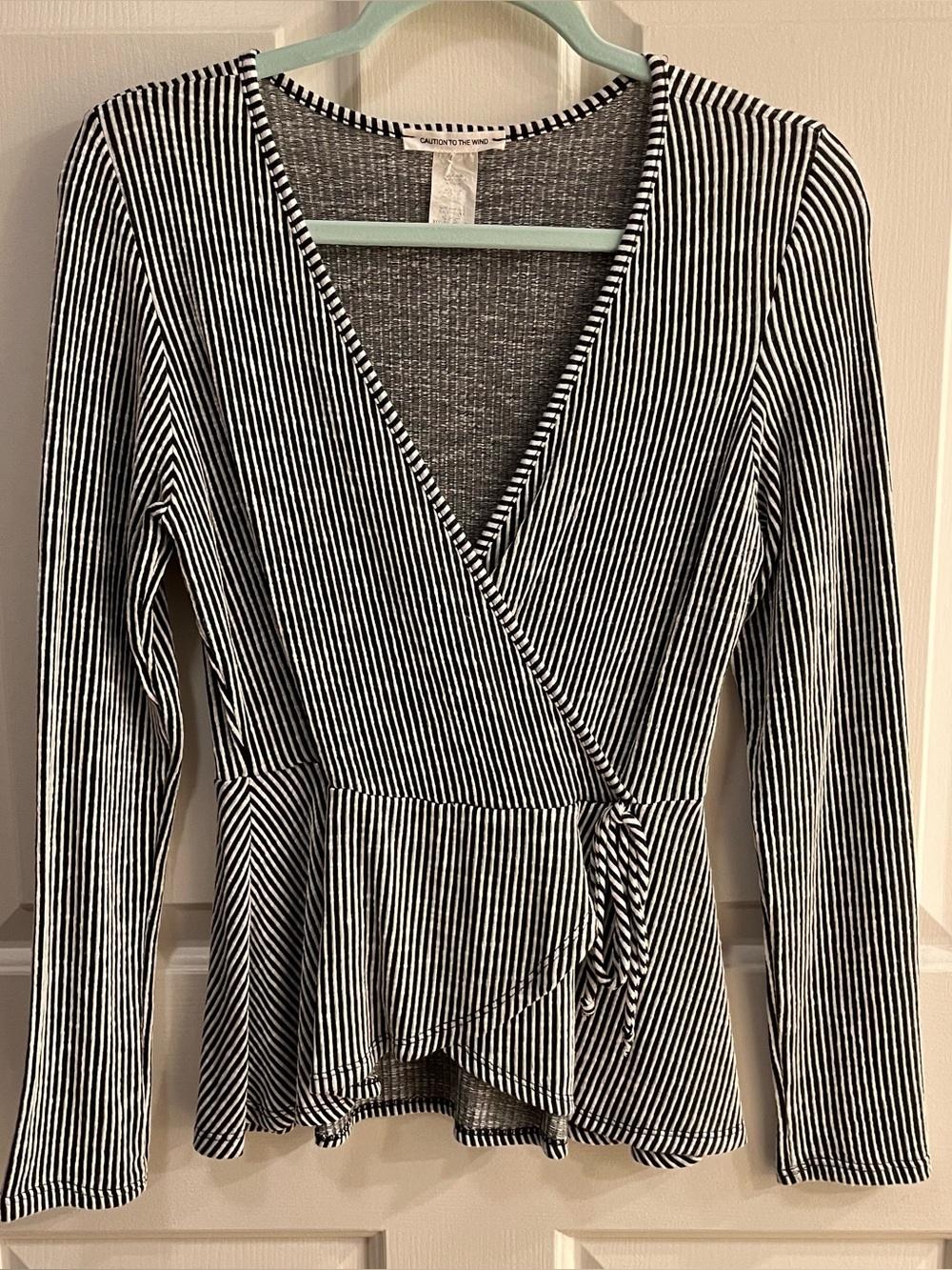 Caution to the Wind Black White Striped Wrap Peplum Top Long Sleeve